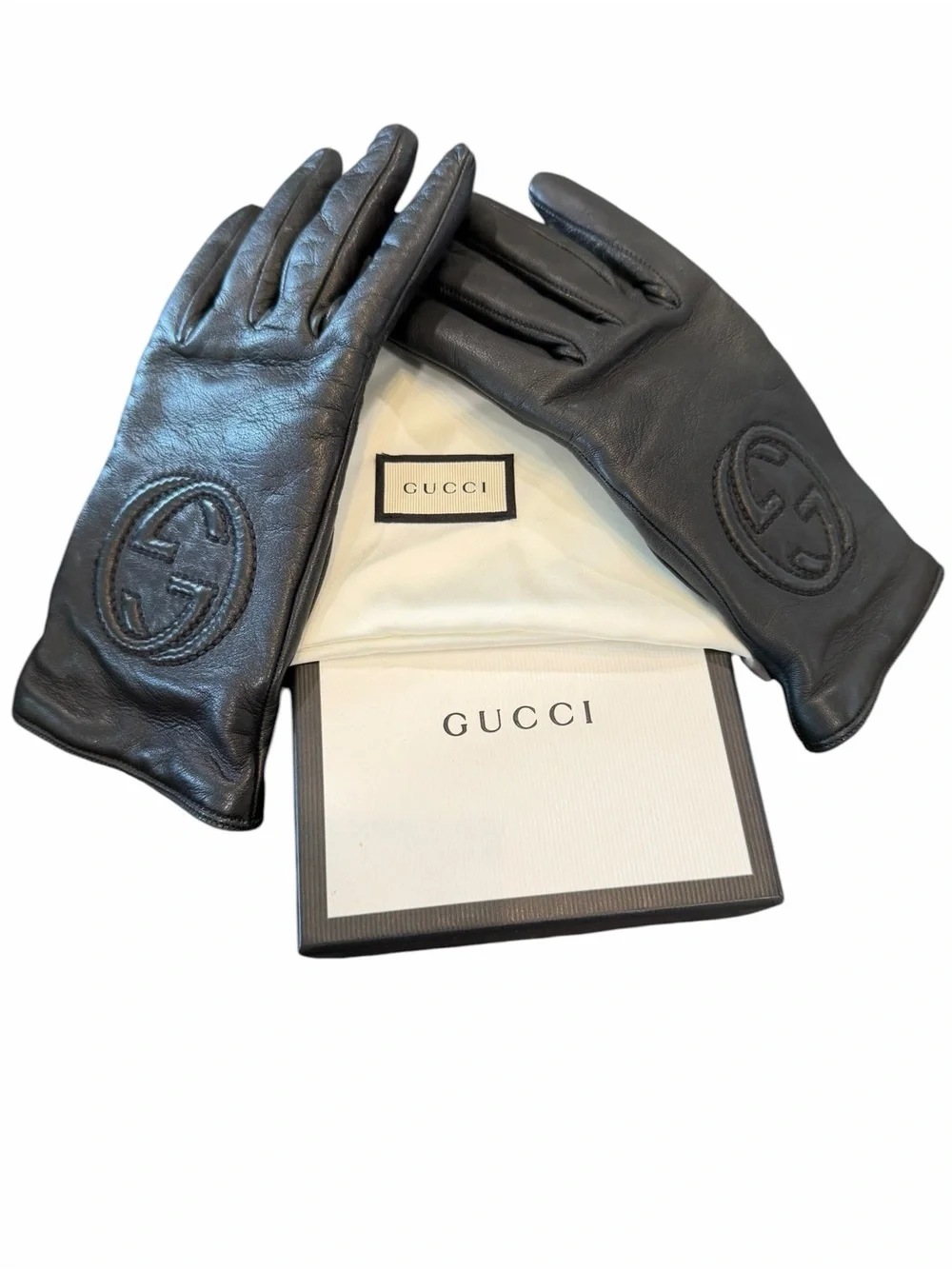 Gucci Black Leather Embossed GG Gloves